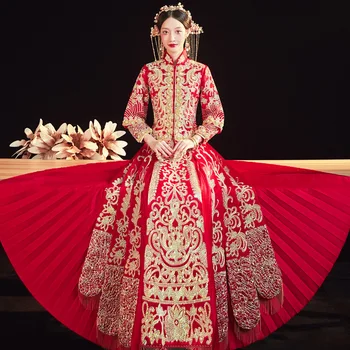 Augstas kvalitātes Jauna Dizaina Izšuvumi., Ķīniešu Tradicionālās Pāris Kāzu Kleitu Ilgi Cheongsam Stilīgs, Elegants Līgava китайская одежда