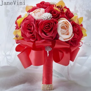 JaneVini Vintage Sarkanu Mākslīgo Ziedu Kāzu Pušķi, Līgavu Rhinestone Viltus Rozes Pērles Violeta Līgavas Pušķi flor mākslīgā