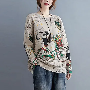 Sieviešu Rudens Gadījuma Džemperi Jaunas Ielidošanas 2020. Gadam Vienkāršu Stila Vintage O-veida kakla Karikatūra Izdrukāt Zaudēt Dāmas Adīto Džemperi S1928