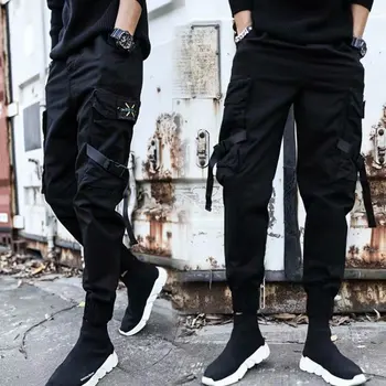 Ins Sākotnēji Modes Multi Kabatas Bikses Vīriešu Zīda Lente Melna Krāsa Hip Hop Bikses Vīriešu Ikdienas Valkāšanai High Street Bikses Vīriešu