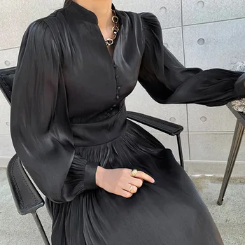 Korejas Rudens Šiks Kleitas Kroku Sievietēm, Jaunā V-veida kakla Laternu Piedurknēm Vidēja garuma Kleita Sieviešu 2021. Gada Pavasarī Biroja Dāma Puse Vestidos