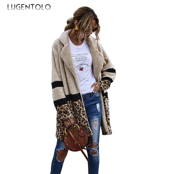 Sieviešu Mētelis Rudens Ziemas Jakas Flocking Jaunu Modes Vidēja Garuma Plīša Mētelis Leopard Izšūšanas Sieviešu Ikdienas Mēteļi Lugentolo