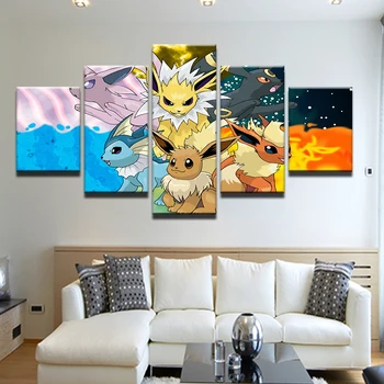Glezna HD Iespiesti Moduļu Audekls Pokemon Bildes Istabu, Mājas Dekoru, 5 gab Sienu Mākslas Plakātu Rāmis