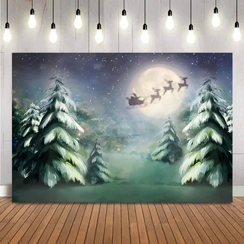 Zaļā Ziemassvētku eglīte ziemas sniega fotogrāfijas fona Santa Claus nakts debesis fons foto studijas aksesuārus snwoflake
