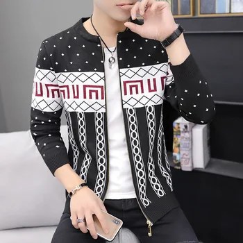 2020. gada Rudens & Ziemas Jauno korejas Vīriešu Apaļu Kakla Jaciņa Žakarda Džemperis Plus Lieluma Slim Vīriešu Modes Džemperis Mētelis Bezmaksas Piegāde