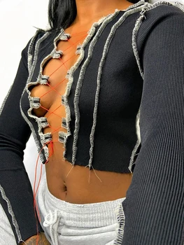 Sieviešu Sexy Dobi no Aukliņu Pārsējs Pilnu Piedurknēm Crop Topi Salātu Svītrainām Īss T-krekls Kluba Puses Valkāt Streetwear Tērpiem