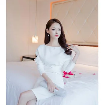 Rudens jaunās garām piedurknēm sexy kleita sieviešu modes temperaments korejiešu stila soma hip Poliestera Biroja Dāma