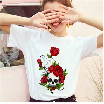 Smieklīgi galvaskausa punk T-krekls sieviešu modes gadījuma īsām piedurknēm drukāts māte drēbes AOWOF Rose puķu galvaskausu, māte T-krekls