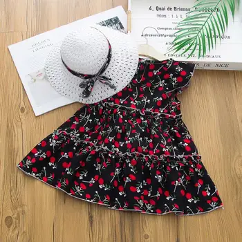Jaunajā 2020. gada Vasaras Baby Girl Dress Bērnu Piedurknēm Savirmot Ziedu Iespiesti Kūka Kleita+Gluda Veļa Salmu Cepure, Apģērbs Uzstādīt Y2