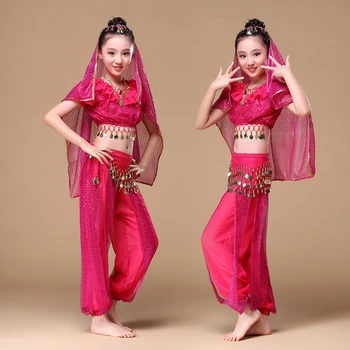 Bērnu vēdera deju tērpi jaunu Indiešu deju tērps, bērnu kostīmi 4-gabals Kostīms Komplekts (Tops, Josta, Bikses un Galvas Gabalus)