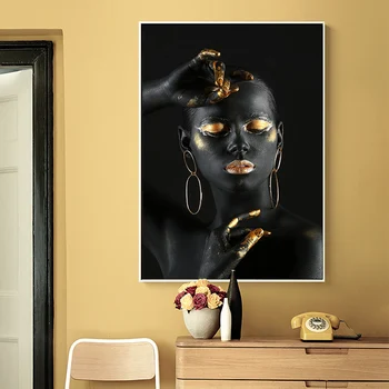 Melns Pliks Āfrikas Sieviete ar Zelta Pirkstu un Lūpu Audekla, Gleznojums uz Sienas, Grims Sieviete, Wall Art Pictures Mājas Dekori