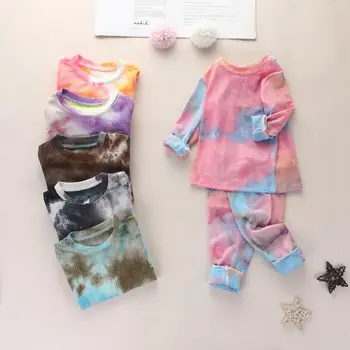 Rudens Bērnu Pidžamas Trikotāžas Kaklasaiti Krāsošanas Pidžamas Komplekti zēniem un meitenēm ar garām Piedurknēm T-krekls+Bikses Meiteņu Apģērbu Sleepwear komplekti 2020