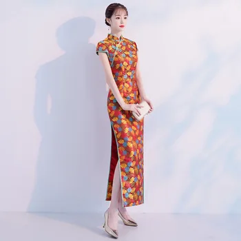 Jaunums Satīna Cheongsam Vintage Ķīniešu Stilā Ilgi Qipao Sieviešu Slim Puse Slim Kleita Retro Lady Apģērbtu Vestidos Izmērs S-2XL