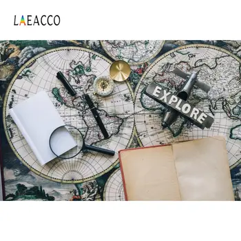 Laeacco Pasaules Kartē Plaknes Lupa, Kompass, Grāmatu Pētījumu, Bērnu Mācīties Fotogrāfiju Fons Foto Fona Photocall Foto Studija