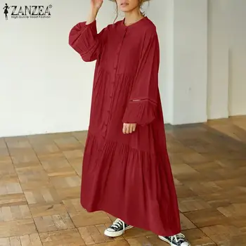 Plus Lieluma Sieviešu Pavasara Sundress ZANZEA ir 2021. Stilīgs Puff Piedurknēm Maxi Kleita Ikdienas Krekls Vestidos Sievietes Pogu O Kakla Drēbes