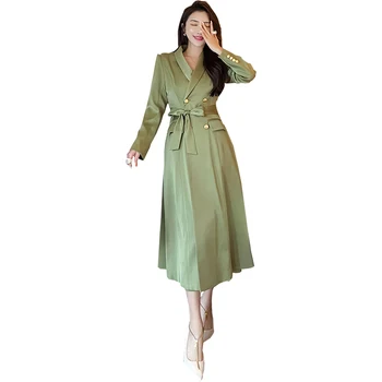 Zaļa vējjaka Sieviešu Vidū-garums 2020. gada Rudenī Jaunās Britu stila temperaments pār-the-ceļgala mežģīnes-up vidukli, uzvalku, mēteļu apkakles