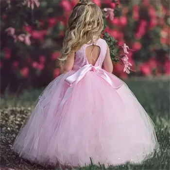 Diezgan Rozā Ziedu Meitenes Gājienā Piedurknēm O-Veida Kakla Elsojošs Tilla Puķu Meitene Kleitas 2019. Gadam Pirmo Svēto Komūniju Dzimšanas Dienas Kleitas