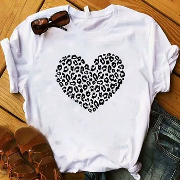 Harajuku Grafiskais TShort Mīlestība Leopard Print T-krekli Sieviešu T-krekls Vasaras Modes Femme Top Tee Tee