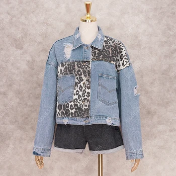 Modes Leopard Raibs Džinsa Jakas Sieviešu Jakas Pavasara Mētelis Streetwear Kabatas Gadījuma Mētelis Dāmas Īss Stila Topi Y55
