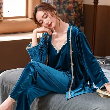 Sieviešu Naktsveļu Samta 3PCS Pidžamu Uzvalks Sleepwear Ir 2021. Jaunu Peldmētelis Kimono Kleita Intīmas Apakšveļa Ikdienas Mājas Drēbes, Pidžamas