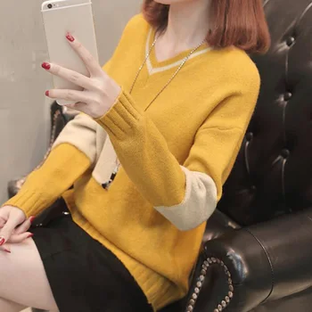 Pavasara Rudens Sieviešu Džemperis Džemperis 2018 Jaunu Modes Colorblock V-veida kakla Loose Knit Apakšā Džemperis plus lieluma Sieviešu Apģērbu