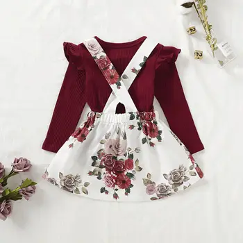 Gudrs Jaundzimušais Meiteņu Apģērbu Komplekti, 2gab Princese Modes Kokvilnas Ilgi Bedres Piedurknēm Topi+Ziedu Siksna Svārki Apģērbs, Apģērbu 1-ź5 y