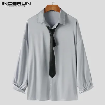 INCERUN vienkrāsainu Vīriešu Krekls Ir 2021. Savukārt Apkakle ar garām Piedurknēm Pogas Camisa Mīksti Topi, Streetwear korejiešu Stila Kreklos Ar Kaklasaiti