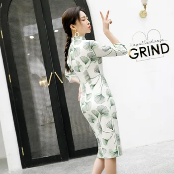 Vasaras Rudens Roku darbs Pogas Ķīniešu Kleita Qipao Sieviešu Vintage Stila Cheongsam Pusi Piedurknēm Drukāts Plus Izmērs 4XL