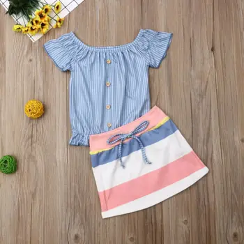 Bērniem, Baby Meitenes Modes Apģērbu 2gab Pogu, Svītrains Tops Blūze+Krāsu Svītru Bodycon Kleita, Svārki Bērnu Komplekts