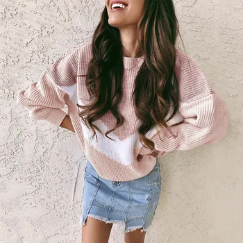Sieviešu O Kaklu Svītraina Krāsu Kontrastu Vintage Džemperis Ar Garām Piedurknēm Iekšpusē Silta Modes Džemperis 