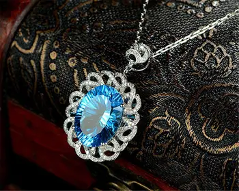 Liels Akvamarīns kristāla kulons, kaklarota sievietēm zils dārgakmens rotaslietas dimanta baltā zelta sudraba krāsā luksusa kāzu bijoux