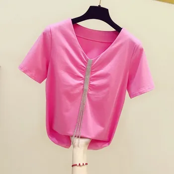 Plus Lieluma Sievietēm Vasarā T-krekls Jaunu korejiešu Modes Rhinestone Pušķis Ķēdes, V-veida kakla T-krekls Sieviešu Ikdienas Topi T T Krekli Dāmu
