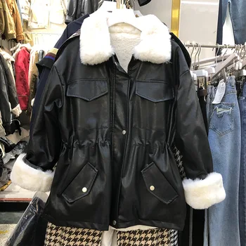 Ziemas sieviešu plus samta biezu kažokādas imitācijas trušu kažokādas motociklu kokvilnas ādas jaka