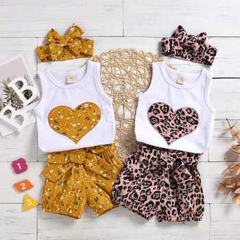 Muababy Set 3PCS Veste Bikses un Galvas Zīdaiņu Meitenēm, Vasarā Ziedu Apģērbu Tvertne Bikses Leopard Print Bērnu Ikdienas Apģērbs