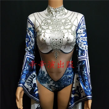 Sievietēm Jaunu Sudraba Spīdīga Rhinestone Bodysuit Liels Piedurknēm Ķīniešu Stilā Darbības Apģērbs Puses Porcel Kostīmu Deju Apģērbu