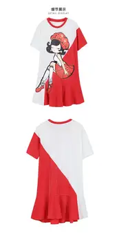 Cute vasaras kleitas karikatūra vizuļi appliques baltā un sarkanā gadījuma kleita sievietēm maxi fāzēm ruffles dāmas kleitas NS284