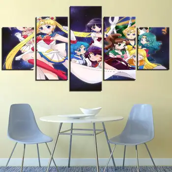 Izdrukas Gleznu 5 Gabali Sienas Mākslas Darbu Sailor Moon Moduļu Audekls Meitenes Plakāts Attēlu Mūsdienu Dāma, Mājas Dekors Gultas Fona