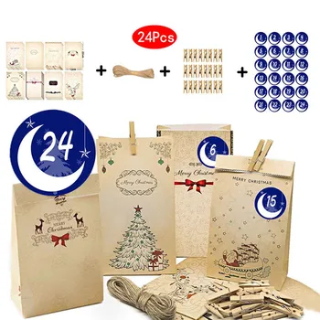 Ziemassvētku modelis kraft papīra uzglabāšanas soma konfektes soma 1-24 adventes kalendārs komplektā kokvilnas un lina dāvanu maisiņš nulles atkritumu jauns 2*