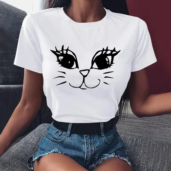 Sieviešu T-krekli 2020. gada Vasaras Kaķis Drukāt Top Sieviešu T-krekls 90s Harajuku Streetwear Apģērbu Gadījuma O-veida kakla Dāmu Topi, t-veida Krekli