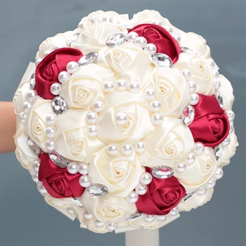 18 cm Mākslīgo Kāzu Ziedu Līgavas Pušķis Ziloņkaula Balts + Sarkans Satīna Rožu Pērles Rhinestones Līgavas Pušķi, Kāzu Piederumi