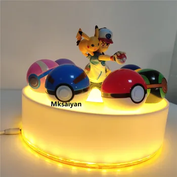 Pokemon Kule Bumbu Ash Ketchum Pikachu Anime Skaitļi Nakts Gaismu Komplekts DIY LED Rīcības Figma Bērniem Lelle Spēle Galda Lampa Modelis Attēlā