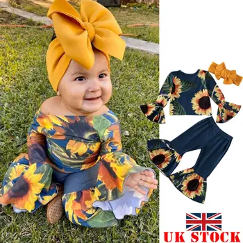 AK Bērniem, Baby Meitene Saulespuķu drukāt Topi+Savirmot Bikses garās Zeķes 3Pcs Apģērbs Apģērbs