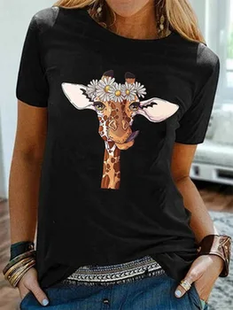 JAUNU 2021 sieviešu vasaras modes žirafe ar vainagu iespiests raksts, apaļš kakla īsām piedurknēm multicolor T-krekls sievietēm