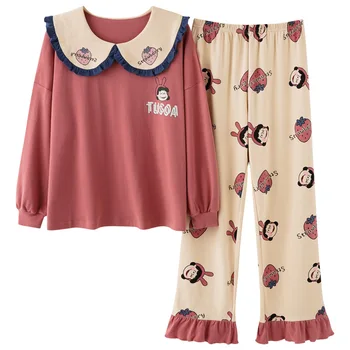 Pidžamas Dāmām Pavasara Rudens Kokvilnas Garām Piedurknēm Ziemas Korejiešu Stilā Lelle Apkakle Mājas Pakalpojumu, Divdaļīga Pijama Mujer Naktsveļu