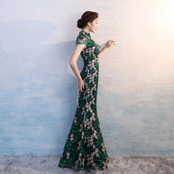 Garš Mežģīņu Cheongsam Kleita Tradicionālā Ķīniešu Kleita Dāmas zaļo Vakara Kleitas, Vintage Cheongsam Zīmolu Sieviešu ķīnas kleitu