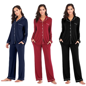Witbuy Kravu Sleepwear Sieviešu Pidžamas Komplekti Rudens Cietā garām Piedurknēm Buttoned Homewear Savukārt Apkakle Sieviešu Nakts Apģērbus Sievietēm