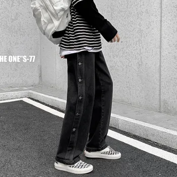 Korejiešu Stilā Taisni Džinsi Vīriešu Modes Blue Black Retro Džinsi Vīriešu Streetwear Zaudēt Hip-hop Pogu Džinsa Bikses Vīriešu M-2XL