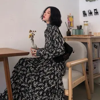 Korejas Ziedu Kleitu Sievietēm Ir 2021. Jaunu garām Piedurknēm Plus Lieluma Melna Kleita Sieviešu Vintage V-veida kakla Gara Šifona Kleita