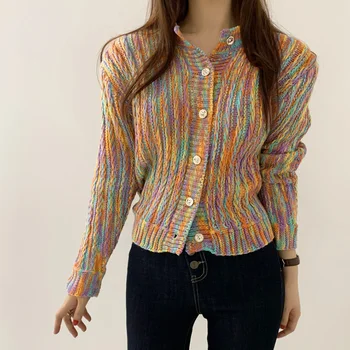 Korejas šiks retro cardigan jaka sieviešu adīt gudrs džemperis rudens zaudēt virsdrēbes Japānas stila varavīksnes svītrains džemperis