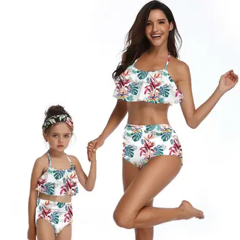 Māte Meitu Ģimenes Saskaņošanas Peldkostīmi Bikini Modes Vasaras Ziedu Savirmot Augsta Vidukļa Bikini Peldkostīmu Bērniem Peldkostīmi